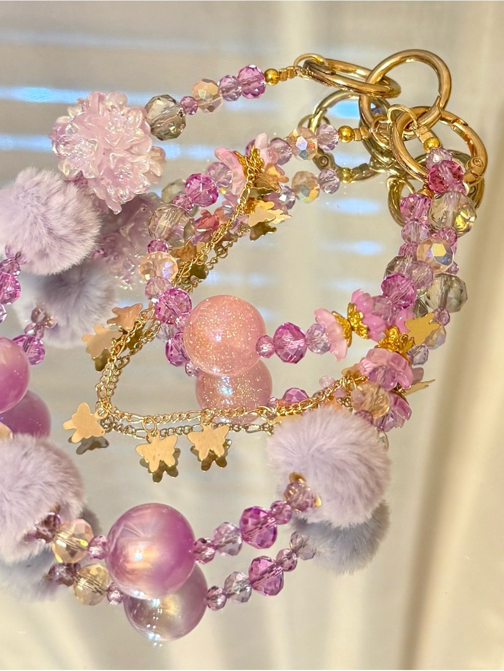 Purple Beaded Keychain Phone Chain with Gold Accents